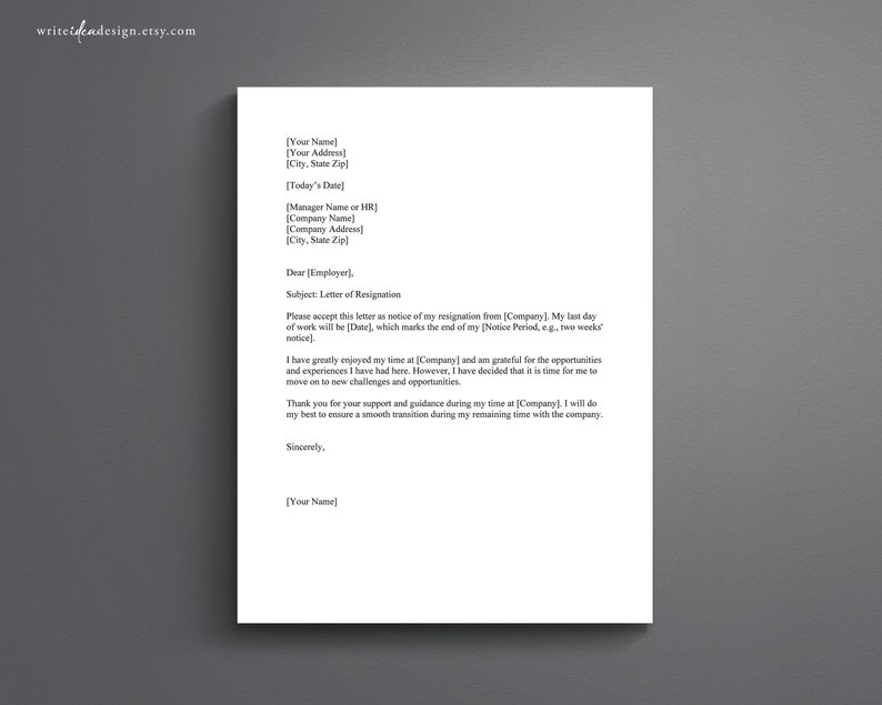 May include: A printable resignation letter template with a formal business letter format. The letter includes a subject line, salutation, body text, and closing. The text includes placeholders for the user to fill in their own information.