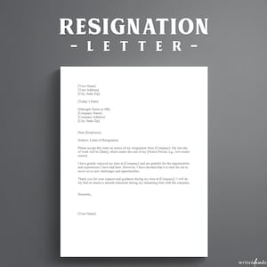 May include: A white document titled RESIGNATION - LETTER in bold text at the top. The page contains a formal template with placeholders for contact information, date, recipient details, and a professional resignation statement with a signature line.