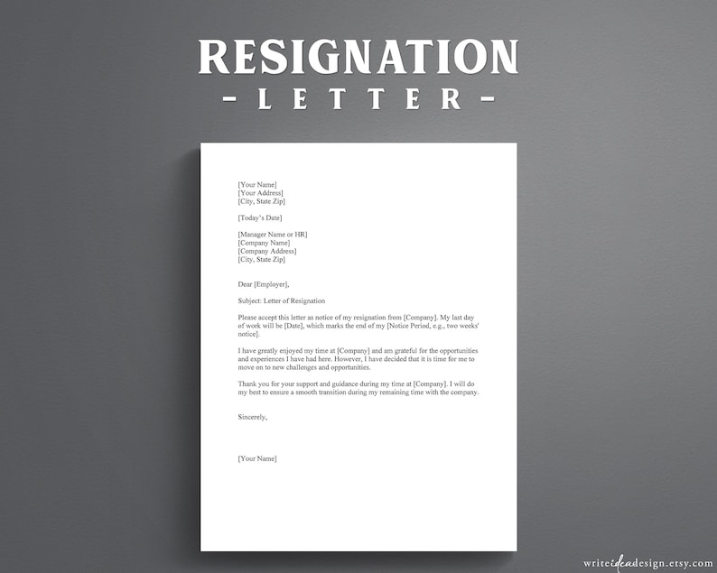 May include: A white document titled RESIGNATION - LETTER in bold text at the top. The page contains a formal template with placeholders for contact information, date, recipient details, and a professional resignation statement with a signature line.