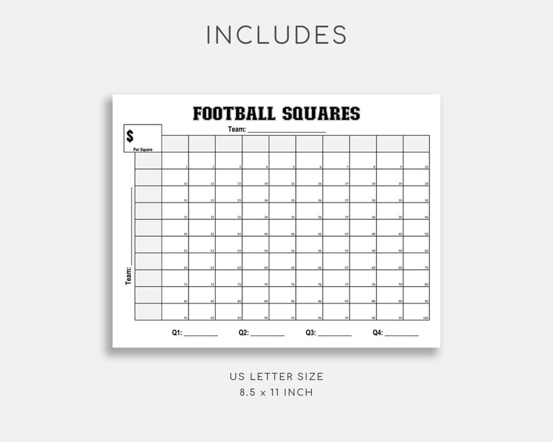 Printable Football Squares. Football Fundraiser. Football Etsy