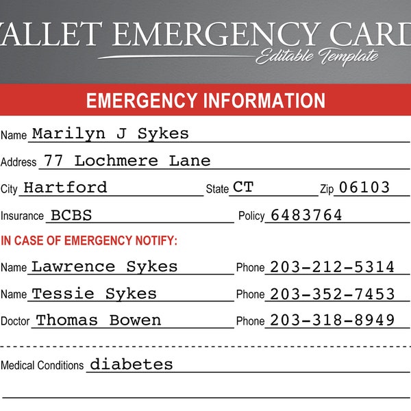 Printable Emergency Information Cards. Medical Alert ID. Medical Alert Card. Medical ID.