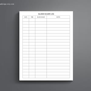 May include: A printable blood sugar log with columns for date, time, blood sugar level, and notes.