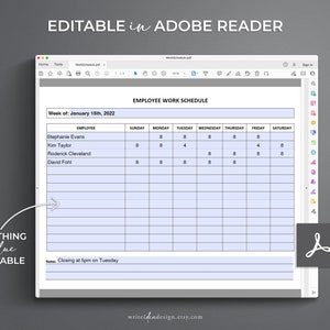 May include: Editable employee work schedule template in Adobe Reader. The template includes a list of employees, days of the week, and hours worked. The text "Week of: January 15th, 2022" and "Closing at 5pm on Tuesday" are included in the template.