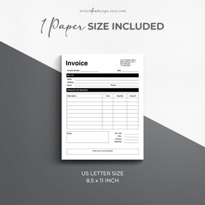 May include: Black and white printable invoice template for US Letter size paper, 8.5 x 11 inches. The template includes fields for invoice number, date, bill to information, products or services, cost, quantity, amount, notes, sub-total, other, shipping, and total due.