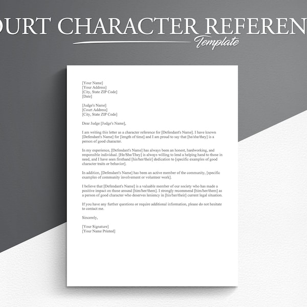 Court Character Reference Letter Template. Google Docs/Microsoft Word. Court Character Letter Template.