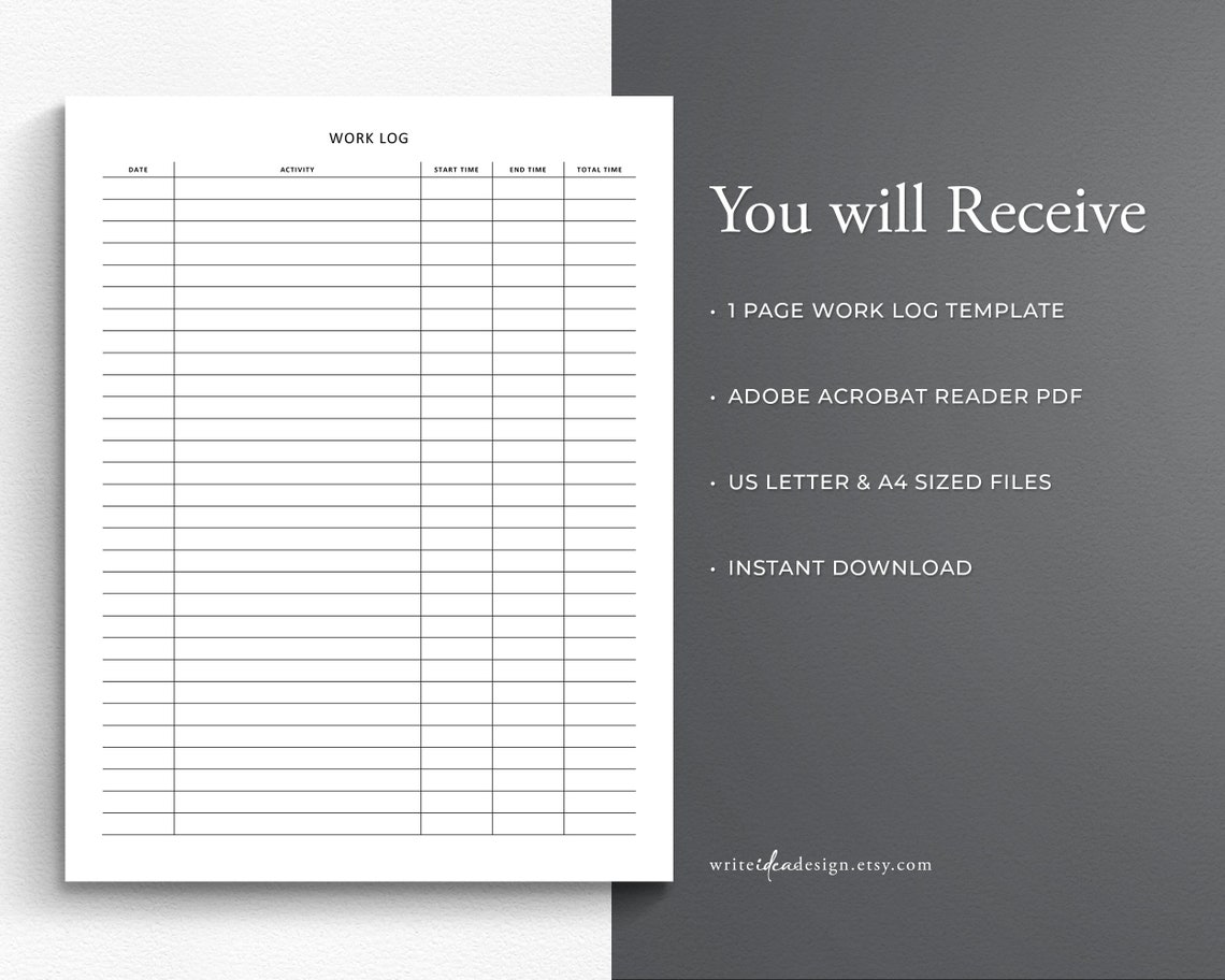 Work Log Printable. Time Log. Time Tracker. Working Hours Log. Activity ...