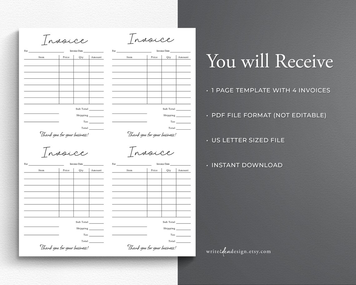 Printable Invoice. 4 per Page Invoice Form. Simple Invoice. - Etsy