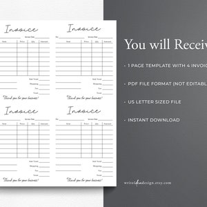 Op de afbeelding: Afdrukbare factuurtemplate met vier facturen op &eacute;&eacute;n pagina. De template is in PDF-formaat en is niet bewerkbaar. Het bestand is in US letter formaat en kan direct worden gedownload.