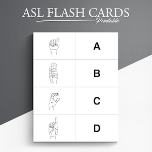 May include: Printable flashcards for learning American Sign Language (ASL). The cards feature the letters A, B, C, and D with corresponding hand signs.