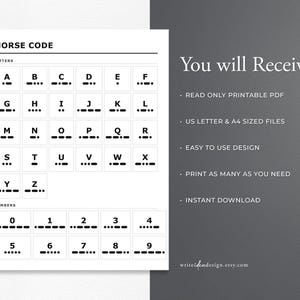 Pode incluir: Uma tabela de refer&ecirc;ncia imprim&iacute;vel de c&oacute;digo Morse com as letras de A a Z e os n&uacute;meros de 0 a 9 com as suas sequ&ecirc;ncias de pontos e tra&ccedil;os. O documento inclui o texto You will Receive, READ ONLY PRINTABLE PDF, US LETTER & A4 SIZED FILES, EASY TO USE DESIGN, PRINT AS MANY AS YOU NEED e INSTANT DOWNLOAD.