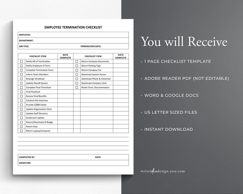 Employee Termination Checklist Example Employee Termination Checklist Template (PDF, Word, Google Docs) - Etsy