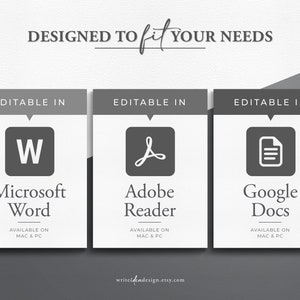 K&ouml;nnte beinhalten: Drei graue K&auml;stchen mit wei&szlig;em Text und Symbolen. Das erste K&auml;stchen sagt "Bearbeitbar in Microsoft Word" mit einem "W"-Symbol. Das zweite K&auml;stchen sagt "Bearbeitbar in Adobe Reader" mit einem Adobe Reader-Symbol. Das dritte K&auml;stchen sagt "Bearbeitbar in Google Docs" mit einem Google Docs-Symbol. Alle K&auml;stchen sagen "Verf&uuml;gbar auf Mac & PC".