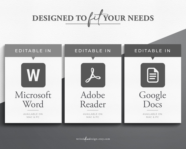 K&ouml;nnte beinhalten: Drei graue K&auml;stchen mit wei&szlig;em Text und Symbolen. Das erste K&auml;stchen sagt "Bearbeitbar in Microsoft Word" mit einem "W"-Symbol. Das zweite K&auml;stchen sagt "Bearbeitbar in Adobe Reader" mit einem Adobe Reader-Symbol. Das dritte K&auml;stchen sagt "Bearbeitbar in Google Docs" mit einem Google Docs-Symbol. Alle K&auml;stchen sagen "Verf&uuml;gbar auf Mac & PC".