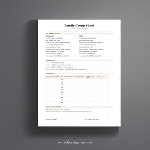 May include: A white Family Group Sheet document with black text and light tan headers. The form includes sections for Husband and Wife, Marriage, Children, and Research Notes, with fields for names, dates, and locations for genealogy records.