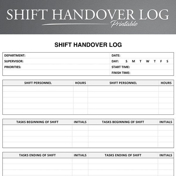 Printable Shift Handover Log. Shift Hand Over Log. Shift Change Log. Restaurant Shift Change Manager Log.