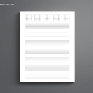 May include: A printable sheet of music paper with five guitar chord diagrams at the top. The sheet has 10 lines for musical notation.