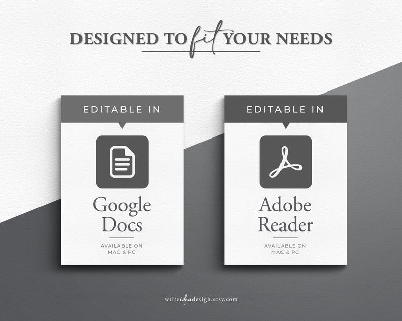 May include: Two white cards with grey borders, each with a different icon and text. The left card has a Google Docs icon and the text "Google Docs" with the text "AVAILABLE ON MAC & PC" below. The right card has an Adobe Reader icon and the text "Adobe Reader" with the text "AVAILABLE ON MAC & PC" below.