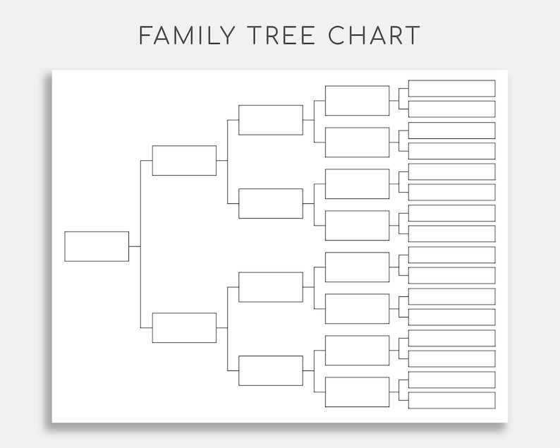 May include: A black and white printable family tree chart with blank spaces for names. The chart is in the shape of a tree with branches and leaves.