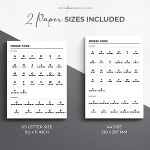 Pode incluir: Dois gr&aacute;ficos de papel branco exibindo o alfabeto e n&uacute;meros em c&oacute;digo Morse. O gr&aacute;fico esquerdo est&aacute; rotulado como US Letter Size 8.5 x 11 inch e o direito como A4 Size 210 x 297 mm. Ambos apresentam texto e s&iacute;mbolos pretos.