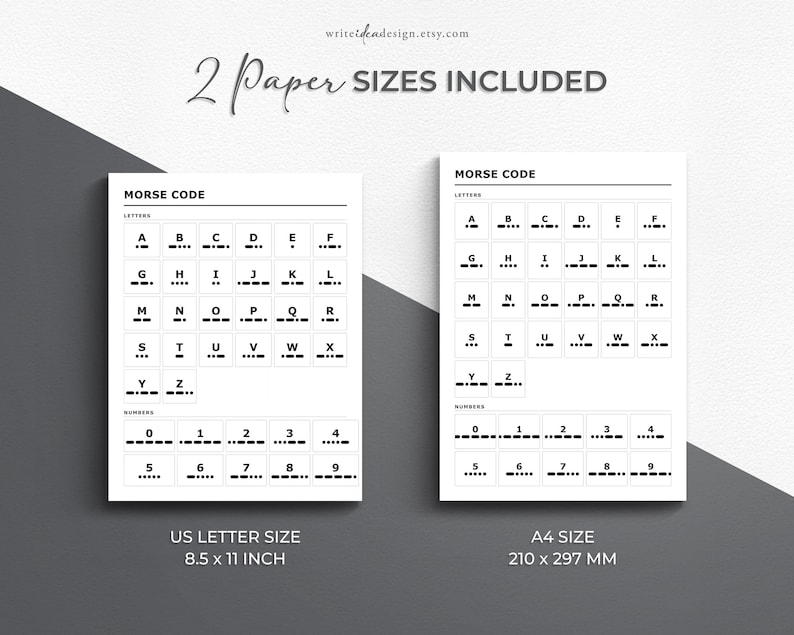 Pode incluir: Dois gr&aacute;ficos de papel branco exibindo o alfabeto e n&uacute;meros em c&oacute;digo Morse. O gr&aacute;fico esquerdo est&aacute; rotulado como US Letter Size 8.5 x 11 inch e o direito como A4 Size 210 x 297 mm. Ambos apresentam texto e s&iacute;mbolos pretos.