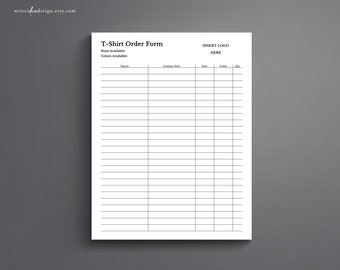 T-Shirt Order Form Template: Customizable for Google Docs/Word (Digital Download)