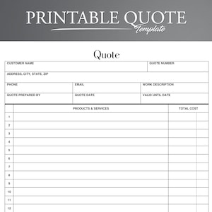 Printable Quote Template. Quote Form. Job Proposal Template. Construction Quote. Job Estimate Template