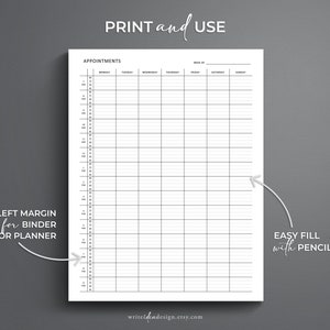 Op de afbeelding: Een printbare weekplanner met een linkermarge voor een map of een planner. De planner heeft een eenvoudig ontwerp met een rasterindeling voor het plannen van afspraken. De tekst "PRINTEN en GEBRUIKEN" en "GEEN PROBLEEM IN TE VULLEN met POTLOOD/PEN" staat op de pagina.
