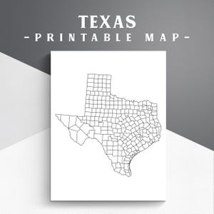 Puede incluir: Un mapa imprimible en blanco y negro de Texas. El mapa muestra el contorno del estado con las líneas de los condados. El texto "TEXAS - PRINTABLE MAP -" está en la parte superior de la imagen.