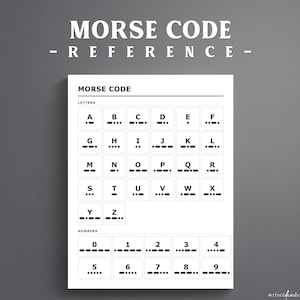 May include: A white rectangular Morse code reference chart featuring black text and symbols. The top displays the title MORSE CODE - REFERENCE. Below, a grid lists letters A through Z and numbers 0 through 9, each paired with its corresponding dot and dash sequence.
