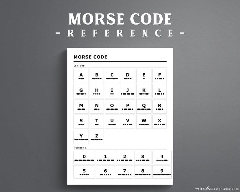 Pode incluir: Uma tabela de refer&ecirc;ncia retangular branca de c&oacute;digo Morse com texto e s&iacute;mbolos pretos. No topo, exibe o t&iacute;tulo MORSE CODE - REFERENCE. Abaixo, uma grade lista as letras de A a Z e os n&uacute;meros de 0 a 9, cada um emparelhado com sua sequ&ecirc;ncia correspondente de pontos e tra&ccedil;os.