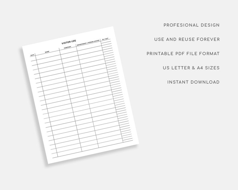 Printable Visitor Log. Visitor Sign in / Sign Out Sheet. - Etsy
