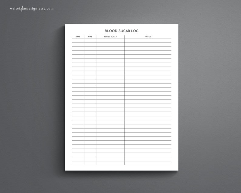 May include: A white rectangular blood sugar log sheet with black text and lines. The header reads BLOOD SUGAR LOG, followed by columns labeled DATE, TIME, BLOOD SUGAR, and NOTES. The page contains multiple horizontal rows for tracking data.