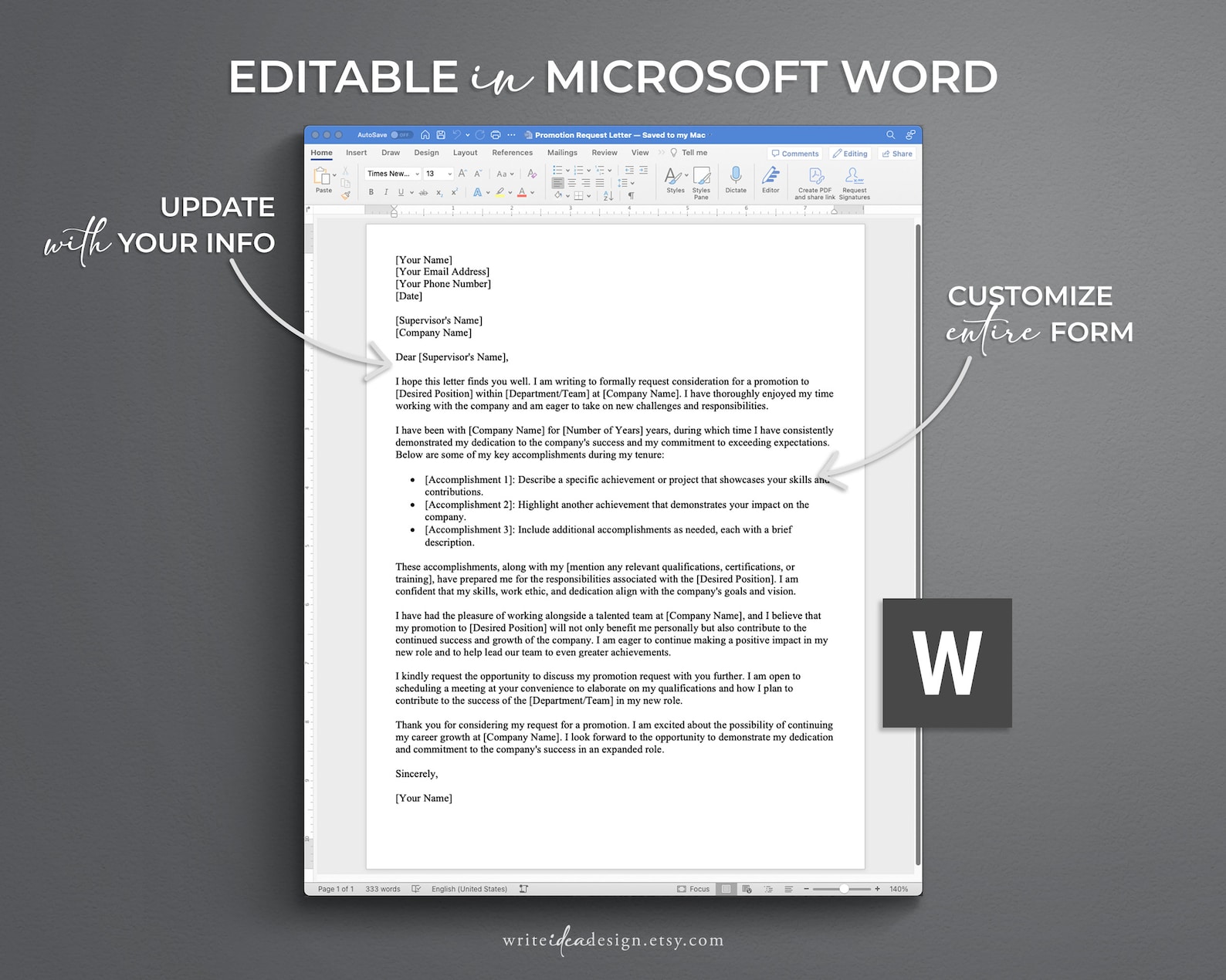 Professional Promotion Request Letter Template (google Docs/word) - Etsy