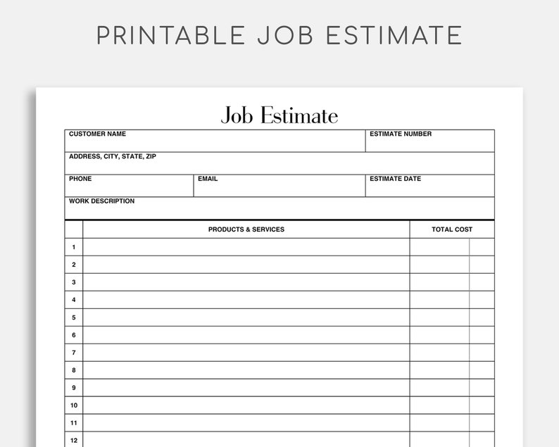 Printable Estimate Form. Business Job Estimate. Easy and Etsy