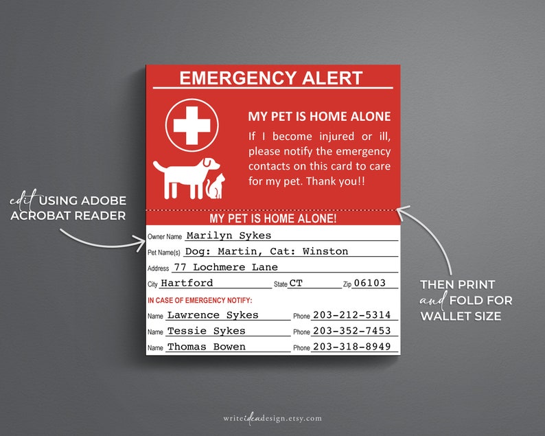 May include: Red and white emergency alert card with a plus sign and a dog and cat silhouette. The card has the text "My Pet is Home Alone" and includes contact information for the pet owner in case of an emergency.
