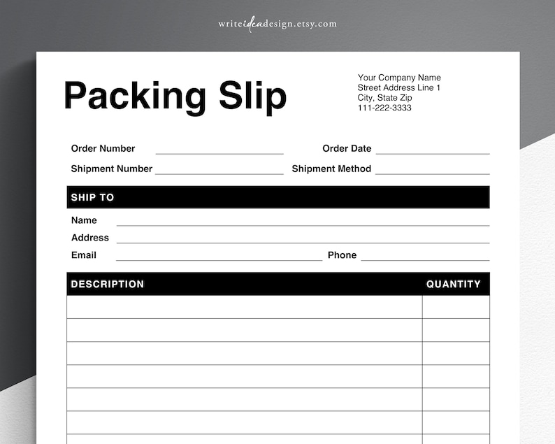 K&ouml;nnte beinhalten: Eine schwarz-wei&szlig;e Packliste-Vorlage mit den Worten "Packing Slip" oben. Die Vorlage enth&auml;lt Felder f&uuml;r Bestellnummer, Sendungsnummer, Versand an, Bestelldatum, Versandart, Beschreibung und Menge.