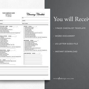 May include: A black and white printable cleaning checklist template for various areas such as reception, offices, restrooms, conference rooms, and other services. The checklist includes tasks like dusting, vacuuming, and emptying trash. The document is a Word file and is available for instant download.