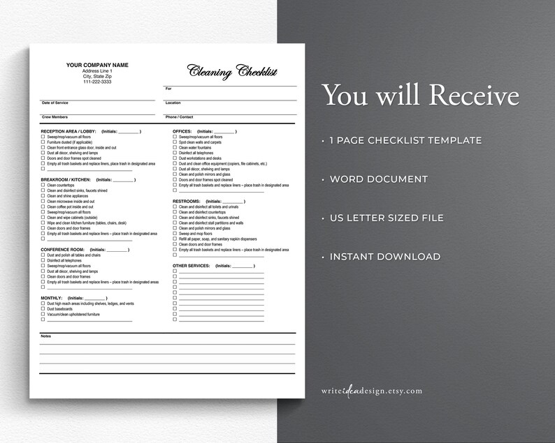 May include: A black and white printable cleaning checklist template for various areas such as reception, offices, restrooms, conference rooms, and other services. The checklist includes tasks like dusting, vacuuming, and emptying trash. The document is a Word file and is available for instant download.