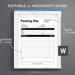 K&ouml;nnte beinhalten: Editierbare Packliste-Vorlage im Microsoft Word-Format. Die Vorlage enth&auml;lt Felder f&uuml;r Bestellnummer, Sendungsnummer, Versandinformationen, Beschreibung, Menge und Notizen. Die Vorlage ist anpassbar und kann mit Ihren Informationen aktualisiert werden.