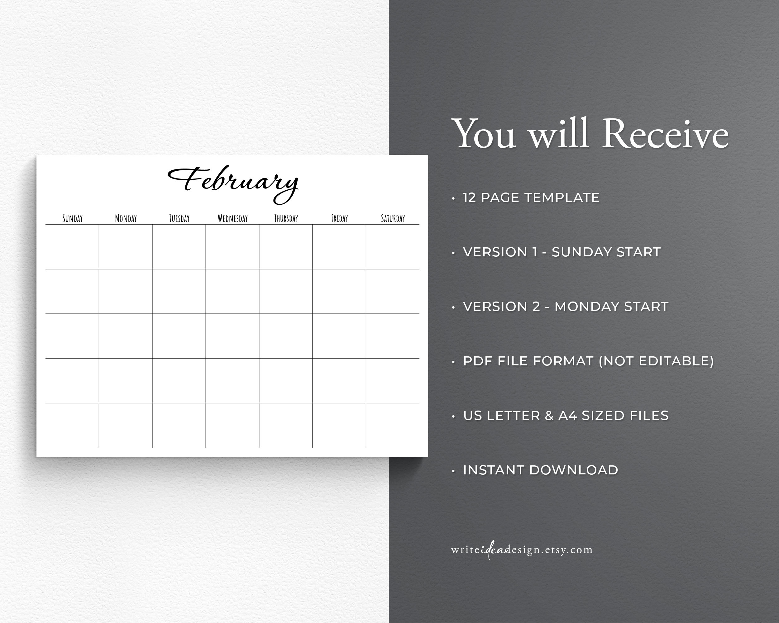 Printable Blank Monthly Calendar. Monday/sunday Start. - Etsy