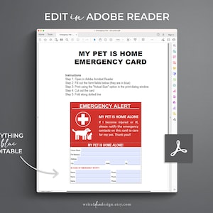 Printable Emergency My Pet is Home Alone Information Cards. Pet Owner Card. Pet at Home Card ...