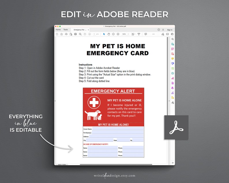 May include: Editable pet emergency card template in Adobe Reader. The card has a red border and a white cross with a dog and cat illustration. The text "My Pet is Home Alone" is in bold red letters. The card includes fields for owner name, address, phone number, and emergency contact information.