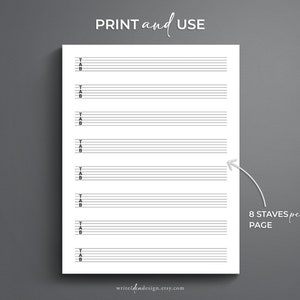 Printable Guitar Tab Paper for US Letter and A4. Blank Guitar Tab Printable. Guitar Tablature Paper. Blank Guitar Music Paper. image 5