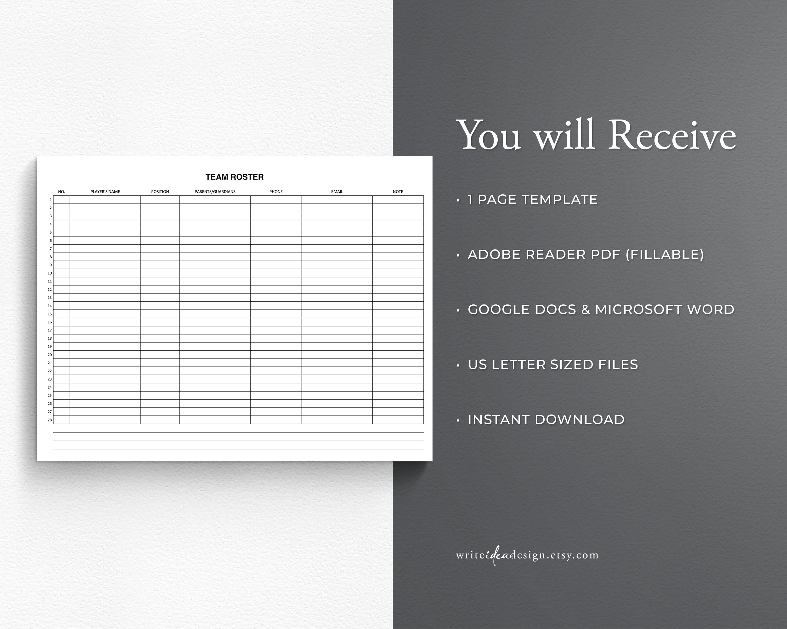 Sports Team Roster Template: Printable PDF, Google Docs, Word - Etsy