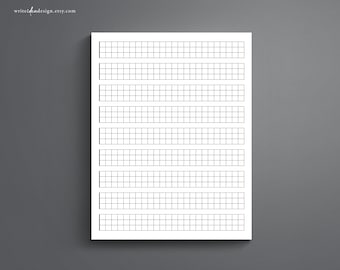 Op de afbeelding: Een wit papier met een rasterpatroon, ideaal voor notities of planning. Het papier heeft een reeks rechthoekige vakken die in rijen zijn gerangschikt. Het websiteadres writeideadesign.etsy.com staat linksboven afgedrukt.