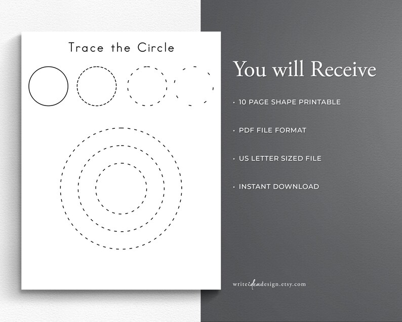 May include: Printable worksheet with the text "Trace the Circle" and four circles. The first circle is solid, the second is a dashed line, the third is a dashed line, and the fourth is a dashed line. The bottom of the worksheet has a larger circle with four concentric dashed circles.