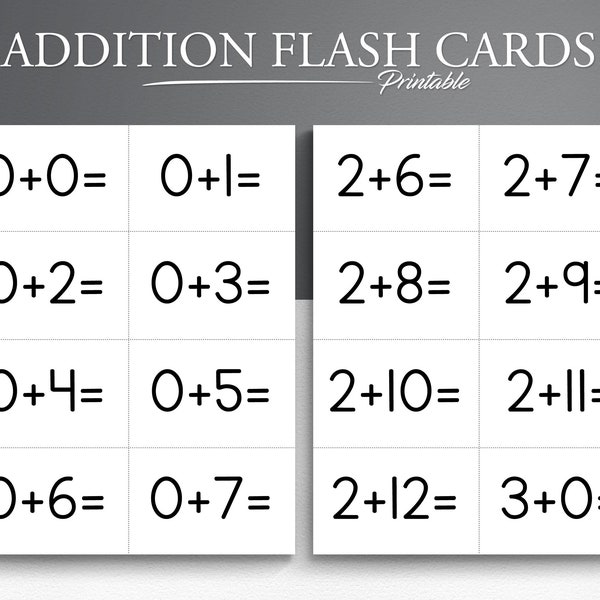 Printable Addition Flash Cards Set 0-12 (169 Cards). Math Flash Cards. Addition Practice.