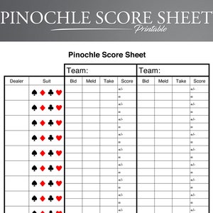 Pinochle Score Card. Printable Pinochle Score Sheet. Pinochle Score Pad. Pinochle Game. Pinochle Scoring.