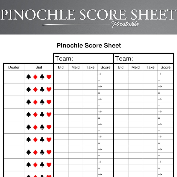 Printable Pinochle Score Sheet Etsy Printable Pinochle Score Sheet Etsy
