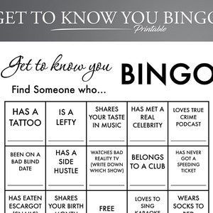 Jeu de bingo « Faites connaissance » imprimable. Bingo 1 page. Jeu brise-glace. Bingo populaire. Bingo humain. Jeu de fête au bureau. Mixez Bingo.